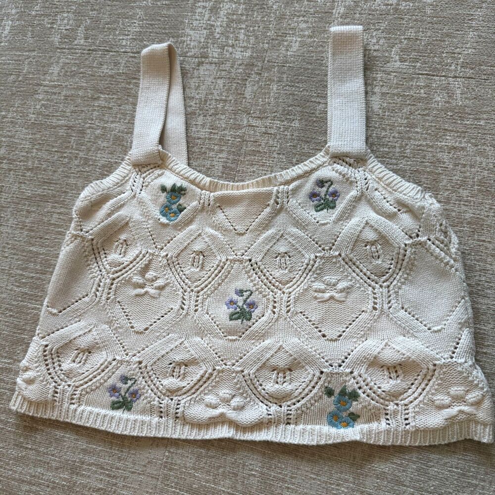 Pepper Mayo Women's White Knit Cropped Tank Top w/Flower Details Sz 6